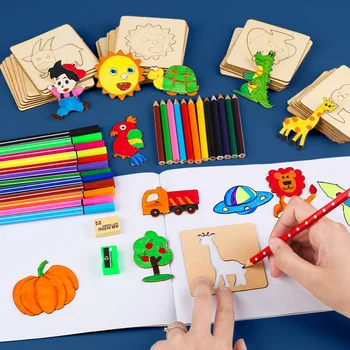 10/20pcs Montessori Brinquedos Desenho Brinquedos de Madeira DIY Pintura de Modelo de Estênceis Aprendizagem de Brinquedos Educativos para Crianças de Presente