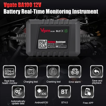 100%original Vgate BA100 Carro Testador de Bateria sem Fio Bluetooth 4.0 6~20V Testador de Carga na Bateria do Monitor para Android e iOS
