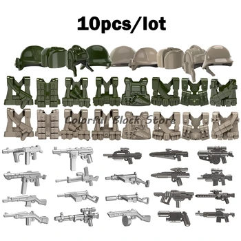 10PCS/LOT Acessórios de Armas de Caqui Verde Escuro Guerra Figuras Arma do Equipamento Chapéu de Roupas Construção BlockToy Crianças, Presente de Aniversário