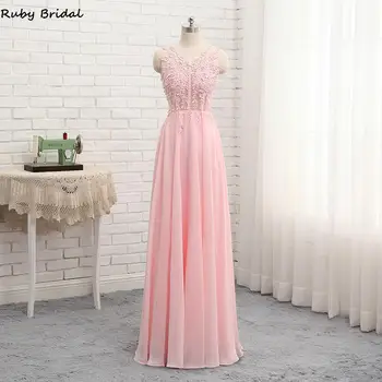 2019 Novo Vestido De Noite Longo de Uma linha-cor-de-Rosa Vestidos de Noite Sexy Chiffon Apliques Superior Beaded Vestido de Festa de Formatura PW916