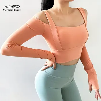 2021 Primavera Novo Orvalho Ombro Yoga Camisas Com A Almofada Do Peito Mulheres Sexy U Colarinho Apertado, De Secagem Rápida Execução Long Sleeve Top De Cultura