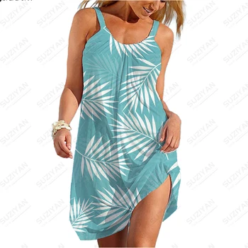 2023 Nova Moda da Venda Quente de Verão, as Mulheres da Folha de Impressão 3D Vestido de Praia Casual Correia U Pescoço sem Mangas Havaiano Boêmio Uma linha-Vestido