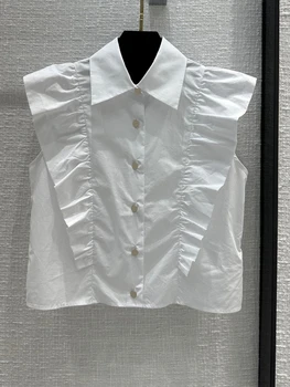 2023 Novo Verão Primavera Único Breasted Mangas de Camisa Branca Elegante Mulheres Tops e Blusas Plissado Camisas de Meninas Blusas Mujer