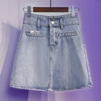 A coleção primavera / Verão 2023 Novo Slim Saco de quadril, cintura Alta Saia do Denim das Mulheres do Vintage Casual Metade do comprimento do sexo Feminino Curto Saia Jeans Com pock