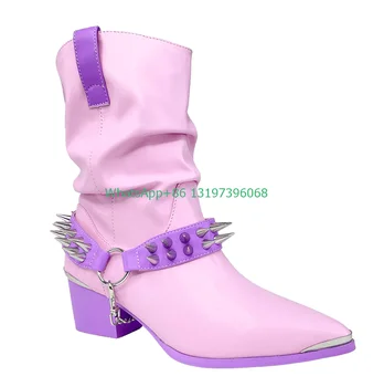 A senhora cor-de-rosa superior de PU prata picos de chian design botas dedo apontado plissado botas do punk coeboy vestido de botas de metal design de inicialização tamanho 46