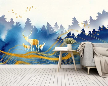 beibehang Personalizado moderno estilo Chinês novo paisagem de tinta veado de ouro, folha de arte de linha PLANO de fundo papel de parede, papel de parede 3d