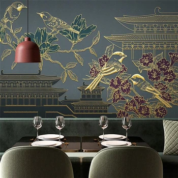 beibehang Personalizado parede grande pintor com o novo Chinês de ouro em relevo as linhas de construção flores e pássaros de luz de luxo parede do quarto