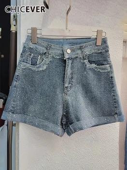 CHICEVER Patchwork Diamantes Shorts Jeans Para Mulheres de Cintura Alta Emendados Bolsos Matérias Bainha de Moda de Calças Femininas de Verão Novo