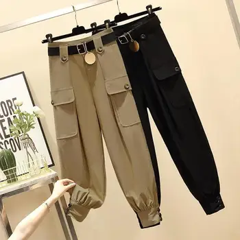 Cintura Alta Casual Carga Solta Calças Femininas De Tornozelo Em Faixas Calças 2020 Mulheres Calças Esportivas De Moda De Bolso Cordão Calças