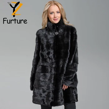 Clássico Preto Casacos De Pele Para As Mulheres Inverno Fur Real Wholeskin Mink Fur Longos Casacos Quentes Stand Colar De Moda Tops Compridos