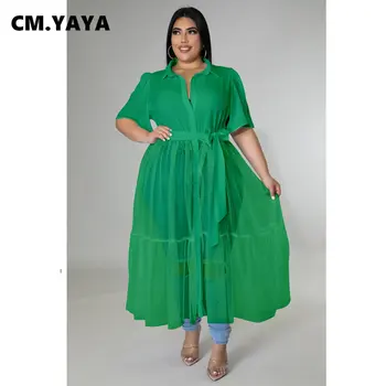 CM.YAYA Mulheres Plus Size de Retalhos de Malha de Manga Curta Único Breasted Vire para baixo de Gola com Folhas de Estilo de Camisa de Vestido Maxi Vestidos