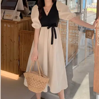 Coreia Mulher Elegante V-pescoço Doce de Retalhos Puff Manga Casual Todos-jogo de Meados de-vitela Vestido de Verão