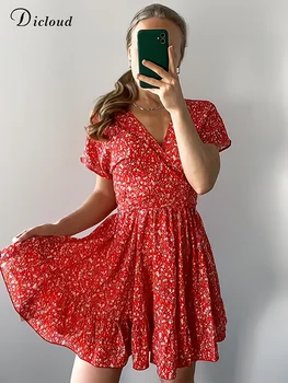 DICLOUD Floral Vestido de Mulher Laranja Verão Nova Ruffles Decote em V Chique Sukienka 2023 Moda Laço Buraco Senhoras Mini Arco Vestidos