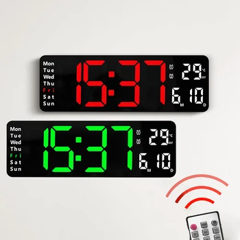 Digital Relógio de Parede Grande Relógio Despertador Controle Remoto Data Semana Temperatura do Relógio Alarmes duplos Display LED Relógio Sala de estar Dez