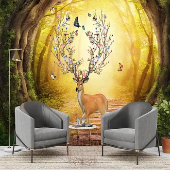 Elk Floresta Sol Passar 3D personalizado sala de estar, quarto personalizado auto-adesivo papel de parede mural