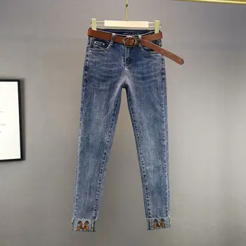 Europeia Estação de Blue Jeans Skinny Mulheres 2023 Primavera Novo de Algodão Elástico de Cintura Alta de Ajuste Fino de Lápis, Calças