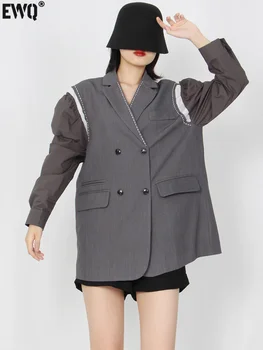 [EWQ] coreano Moda Blazer FWomen Ranhurada do Colarinho de Manga Longa colcha de Retalhos Blazers de Vestuário Feminino Cinza Coats 2023 Primavera Y3007