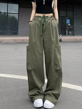 Exército Verde Streetwear Bolso De Calça Jeans Mulher De Cintura Alta Largura De Perna Calças Largas E Casuais Coreano Calças De Harajuku Pantalones Mujer
