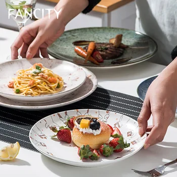 FANCITY Chapa de casa 2021 novo criativo, bonito disco de mesa prato de cerâmica simples bife de placa plana Japonês placa de jantar