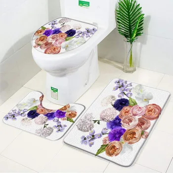 Flores Tapete de casa de Banho Conjunto de Aquarela Plantas Florais Impressão de Banho Decoraction Anti Derrapante Tapetes do Banheiro e Tapete Conjunto de Tapete em carpete