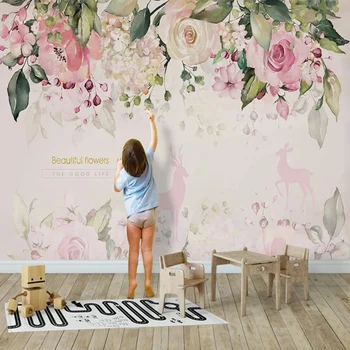 Foto de papel de Parede 3D Estéreo de Flores cor de Rosa Murais de desenhos animados Crianças de Menina Quarto de Fundo Papel de Parede de Sala de estar Moderna Decoração Simples