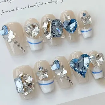 Francês Marinheiro Estilo Puro Handmaded em forma de T Reutilizáveis Unhas Falsas Luz Azul do Amor do Coração Esmagado de Diamante Wearable Pregos Destacáveis