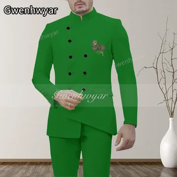 Gwenhwyfar 2022 Novos Homens Terno Verde Jaqueta Calças de 2 Peças Double Breasted fique Pescoço Magro Vestido de Noiva Elegante Vestido de Noite