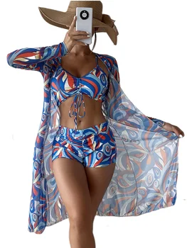 Imprimir 3pcs Maiô Tampa de Cima do Biquini Moda as Mulheres Halter Beachwear 2023 Novo Longa de Vestuário Feminino calção de Banho, Calções de banho