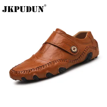 JKPUDUN de Couro Genuíno Homens Casuais Sapatos de marcas de Luxo 2019 Mens Sapatos de Moda Respirável Condução Tênis Slip on Confortáveis Mocassins