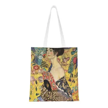 Kawaii Senhora Com Ventilador De Gustav Klimt Compras Sacolas Reutilizáveis Simbolismo De Arte Da Lona De Supermercado Ombro Shopper Bag