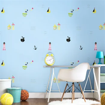 Luz azul cartoon veleiro não-tecido filhos do papel de parede do quarto de menino quarto de decoração de casa de papel de parede papel de parede behang