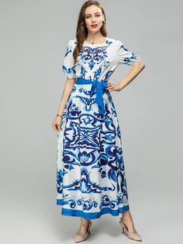 MoaaYina Designer de Moda de vestido de Verão das Mulheres Vestido de Cristal Lanterna Manga Cinto Fino Azul E a Branca da Porcelana do Vestido de Impressão