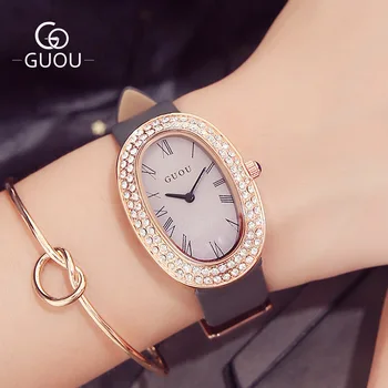 Moda Guou Marca de moda Casual lazer ladies watch dial oval com Strass Cinto de quartzo Bond girl relógios de pulso