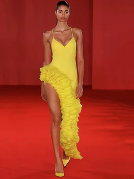 Nova Chegada Mulheres De Verão Sexy Decote Em V Sem Encosto Amarelo Babados Midi Vestido De Bandagem 2023 Noite Elegante Clube De Vestido De Festa