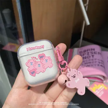 O coreano Cartoon Urso Rosa Fone de ouvido Caso para AirPods 1 3 2 TPU Macio Bonito Tampa Para AirPods Pro Fone de ouvido de Carregamento de caixas de Chaveiro