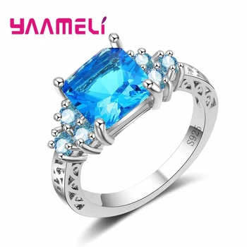 O Envolvimento Cerimônia De Casamento Aniversário Enfeite Glamourosa Quadrado Azul De Cristal Do Anel De Prata 925 Para Mulheres Garota