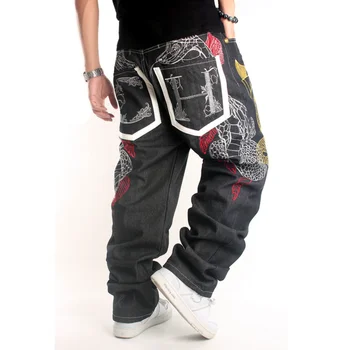 O Hip-Hop Jeans América Moda masculina Bordado Solta Skate Calças de Grande Porte Jeans Folgada com o Comprimento Total de Jeans, Calças