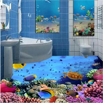 Papel de parede personalizado 3d pvc Auto-adesivo de chão de Qualquer foto do tamanho do Mar de Coral do mundo de tartarugas marinhas em peixes Tropicais 3D chão da casa de banho pintura
