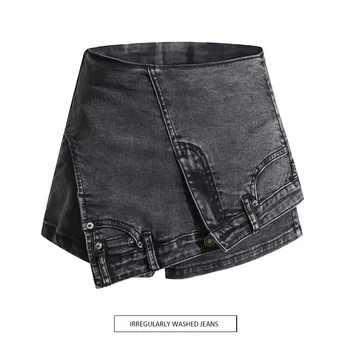 Personalidade Street Denim Costura, Shorts de 2023 Primavera Novo Cintura Alta Irregular Lavado Usado Jeans de Moda feminina
