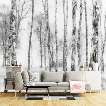 Pintados à mão em preto e branco, floresta, árvore de vidoeiro branco, 3D personalizados para quarto, sala de estar, sofá, TV na parede do fundo, mural de parede