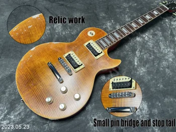 PROMOÇÃO de ESTOCAGEM de Guitarra Elétrica Pode enviar de uma Vez Laranja Chama de Grãos Superior Relíquia com Idade de Peças de Pequeno Pino Ponte E Nut de Osso