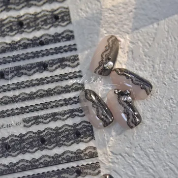 Pérola Strass Retrô Preto Laço Branco em 3D Auto-Adesivo de Unha Arte Decorações Autocolantes de Alta Qualidade Manicure Decalques Atacado
