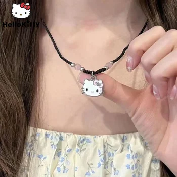 Sanrio Hello Kitty Colares Sorte Preto Corda Trançada De Desenhos Animados Pingente Y2k Kawaii Doce Colar Em Acessórios Femininos