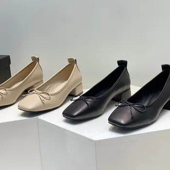 Sapatos De Mulher, França Estilo Elegante Moda Arco Casual Sandálias Simples Das Mulheres De Couro Genuíno Praça Sandálias De Salto Slip-On