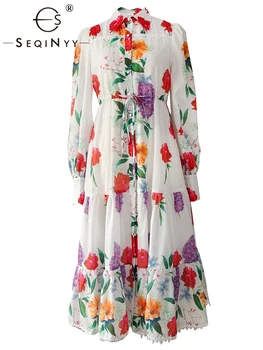 SEQINYY Camisa Midi Vestido de Verão, Primavera Novo Design de Moda as Mulheres Pista de Rua de Alta Vintage Flor Colorida Impressão de Uma Linha Casual