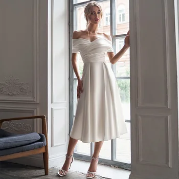 Simples Vestido De Noiva De Cetim De Comprimento Chá Off Ombro Curto Vestido De Casamento Branco Sem Encosto De Uma Linha Lateral Da Fenda Midi Vestidos De Noiva 2023