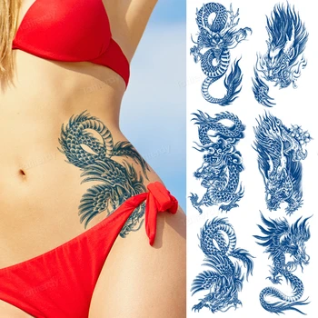 Suco de Tinta Azul Tatuagem Temporária Adesivos Dragão Serpente Flores 15Days de Longa Duração Tatuagens Impermeável Sexy Pintura do Corpo da Cintura