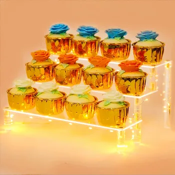Transparente Acylics Cupcake Cremalheira de exposição de 3 Camadas de Bolos Fondant Sobremesa Donuts Figura Titular com Luzes de LED para Decoração do Casamento