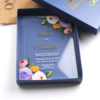 Venda quente de Bela Cor de Lavanda Convite de Casamento Caixa de Cartão com Logotipo Personalizado de Impressão UV de Festa Decoração de Cartões de