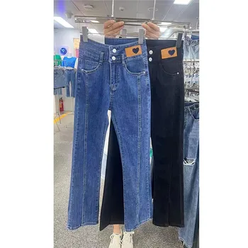 Verão novo Estilo coreano Mulheres Casual Divisão de Design de Algodão Denim do Tornozelo-comprimento de Calças Botão de Voar Cintura Solta calça Jeans Reta V698